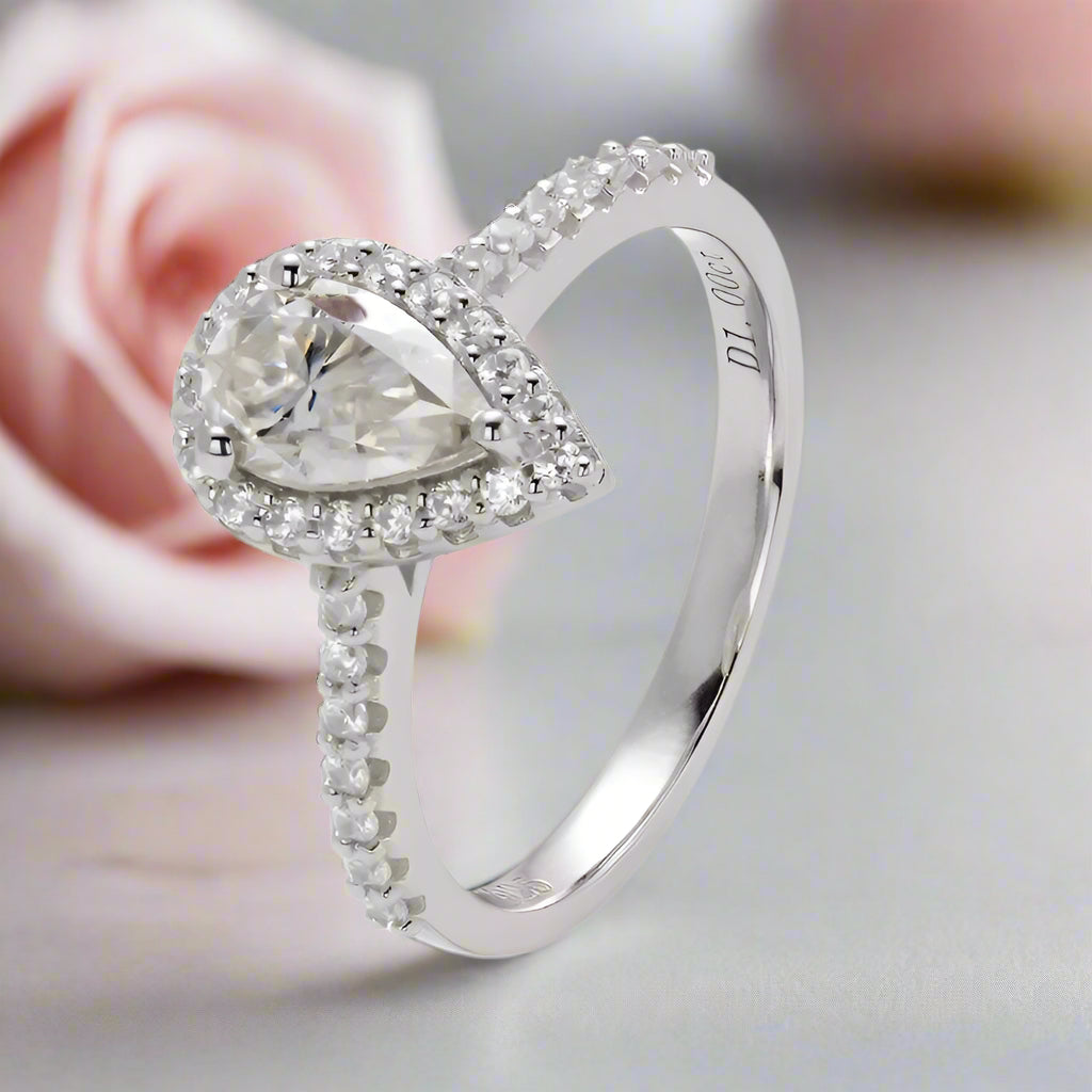 1ct 5*8mm Pear Cut Diamond Petite Halo Engagement Ring-Black Diamonds New York