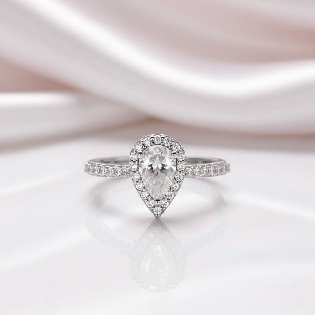 1ct 5*8mm Pear Cut Diamond Option Petite Halo Engagement Ring-Black Diamonds New York