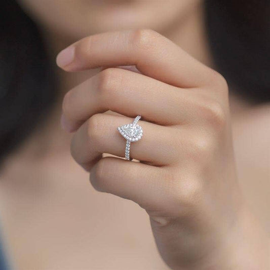 1ct 5*8mm Pear Cut Moissanite Petite Halo Engagement Ring-Black Diamonds New York
