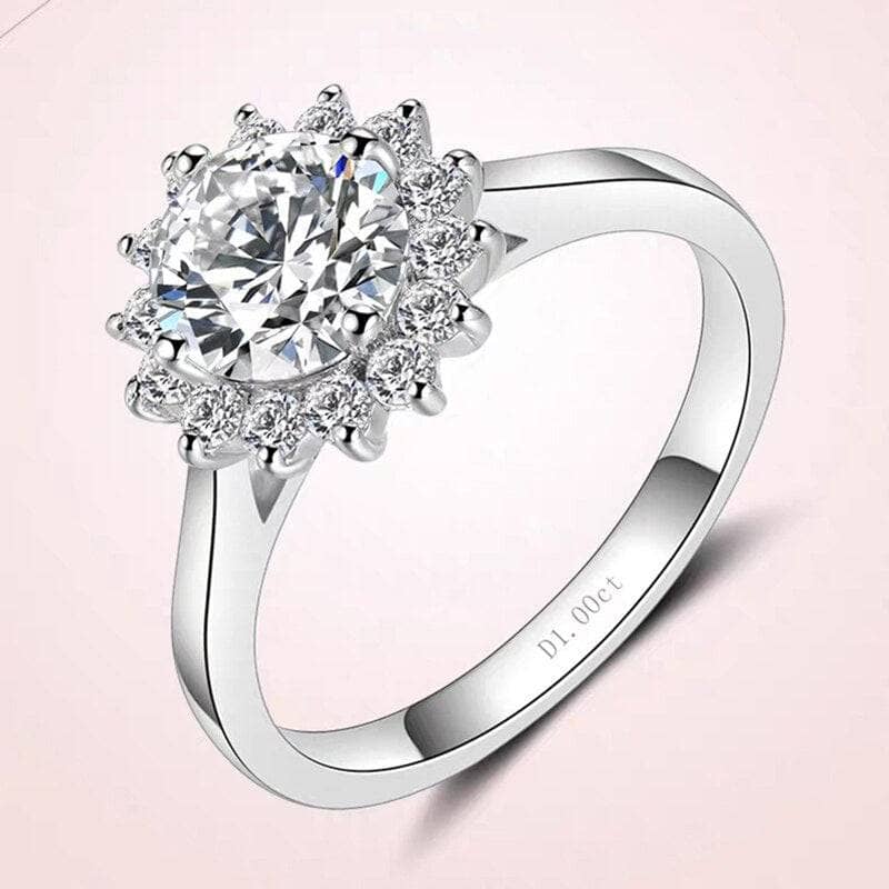 1ct 6.5mm Moissanite Sunflower Shaped Halo Engagement Ring - Black Diamonds New York