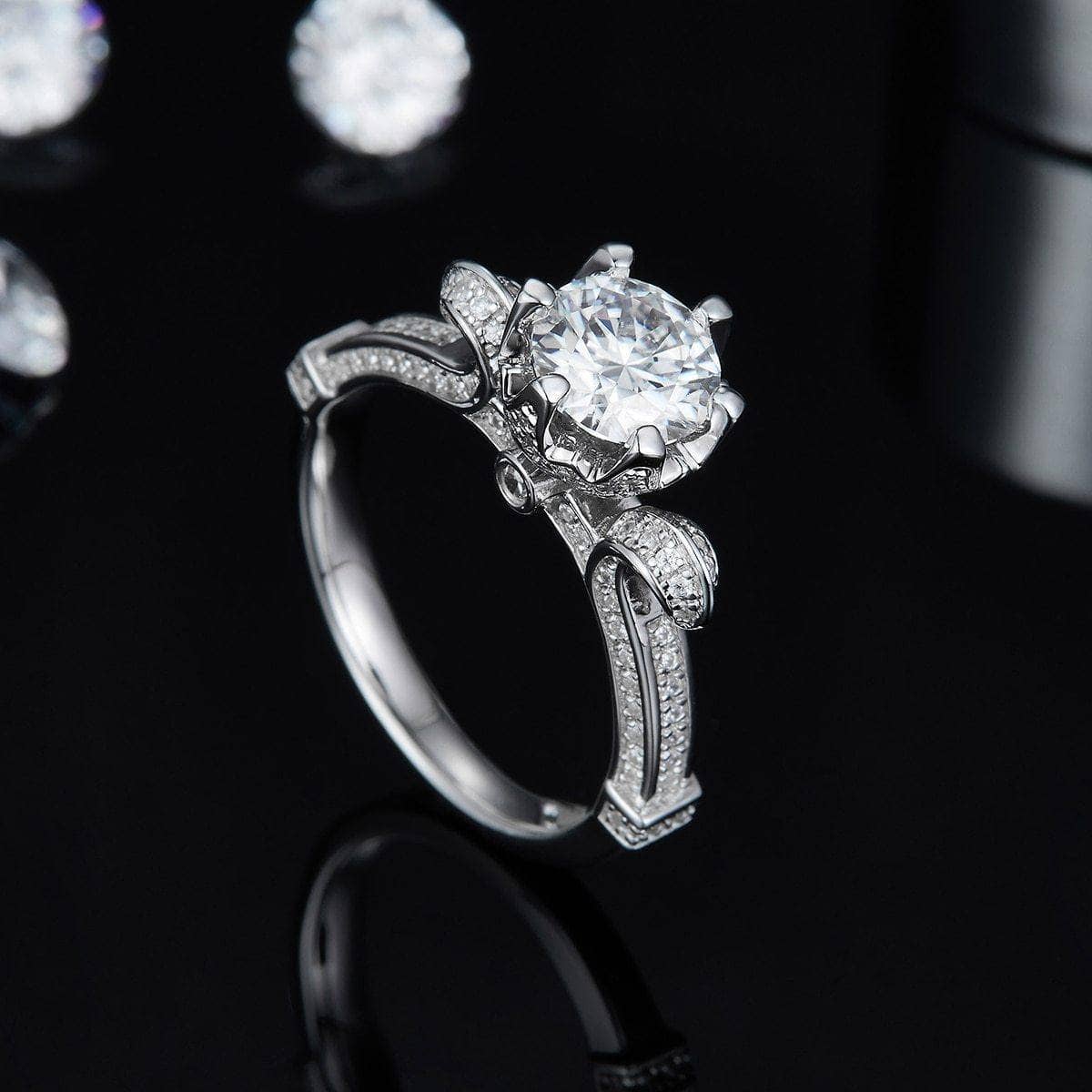 1Ct D Color Antique Style Round Moissanite Engagement Ring-Black Diamonds New York