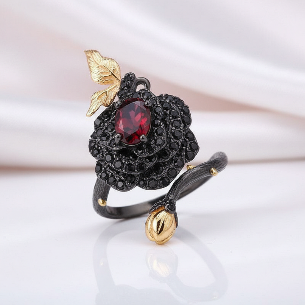 1Ct Garnet Rose Flower Rings-Black Diamonds New York