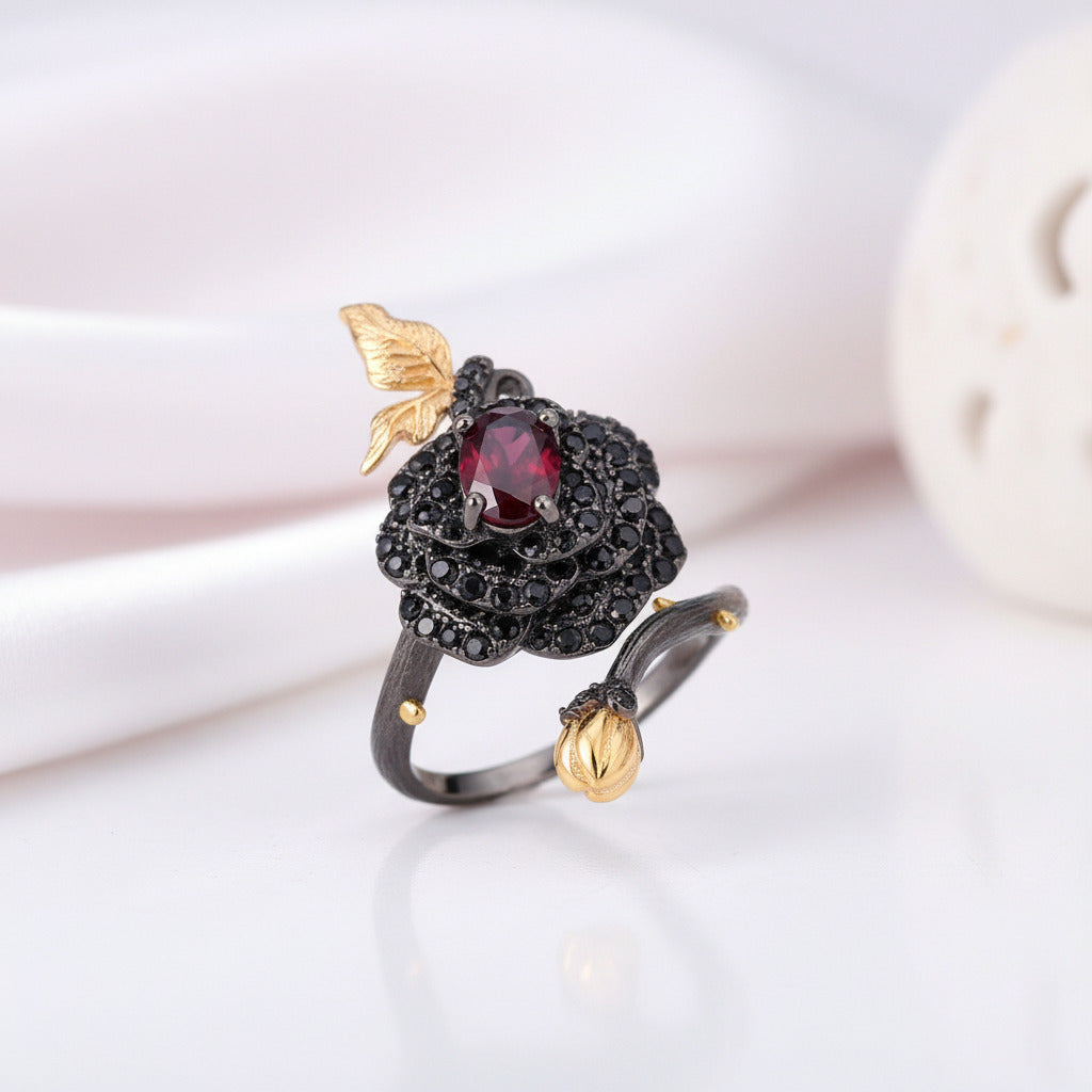1Ct Garnet Rose Flower Rings-Black Diamonds New York