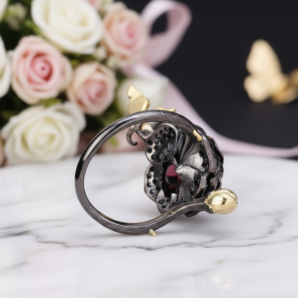 1Ct Garnet Rose Flower Rings-Black Diamonds New York