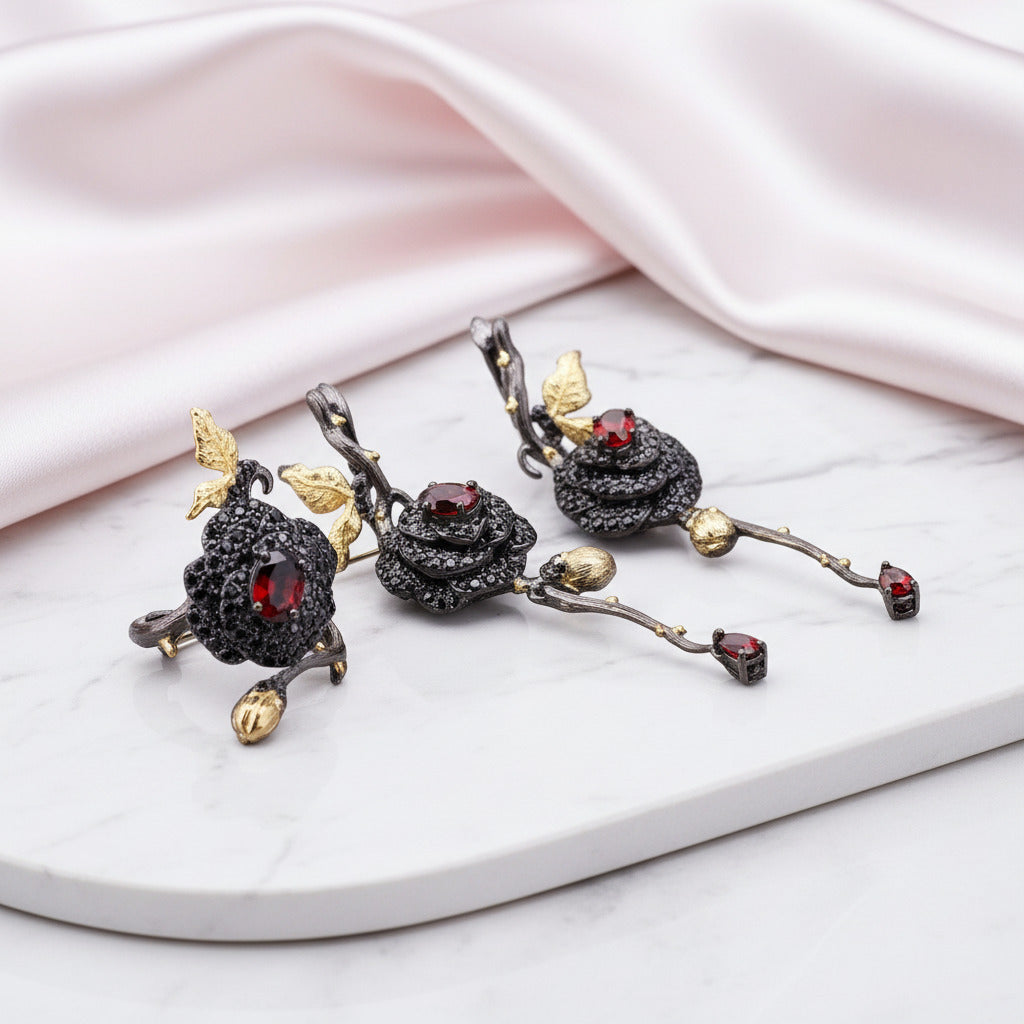 1Ct Garnet Rose Flower Rings-Black Diamonds New York