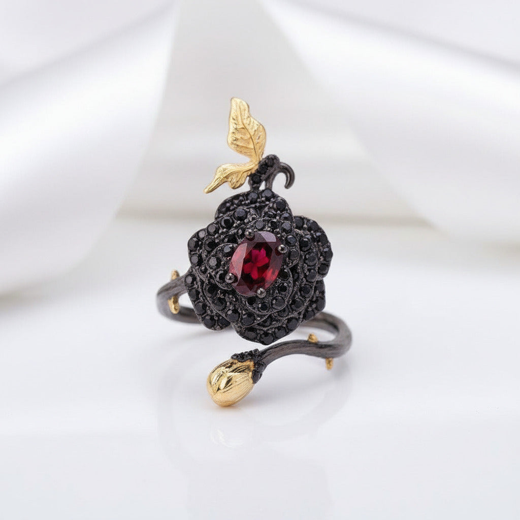 1Ct Garnet Rose Flower Rings-Black Diamonds New York