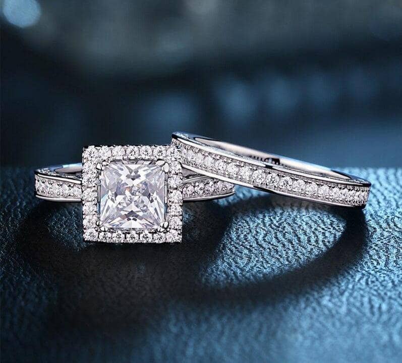2 Pcs 1Ct Princess Cut CZ Engagement Ring Set