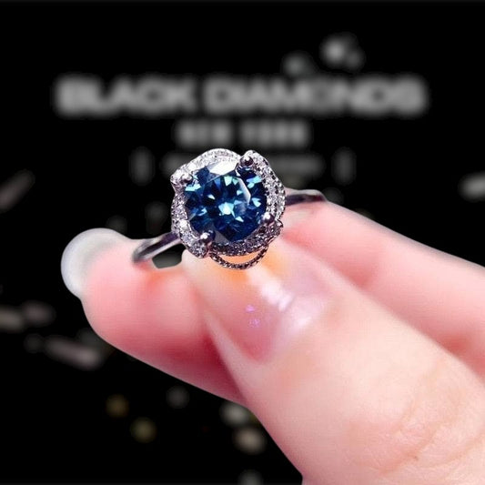 1ct Round Cut Dark Blue Moissanite Ring Engagement Ring-Black Diamonds New York