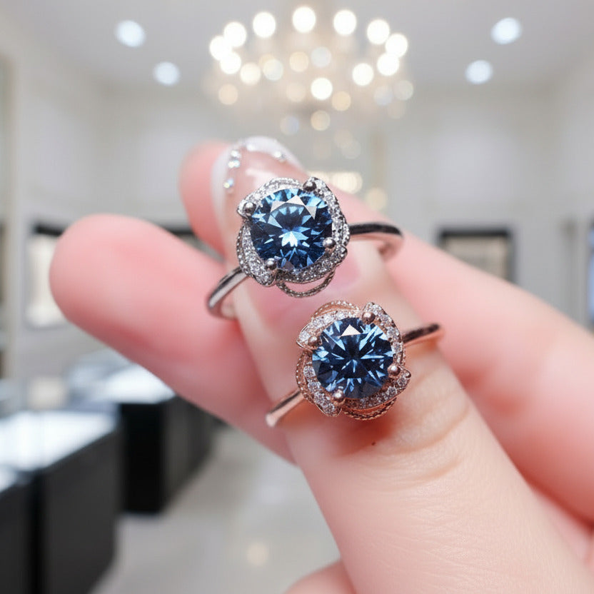 1ct Round Cut Dark Blue Diamond Ring Engagement Ring-Black Diamonds New York