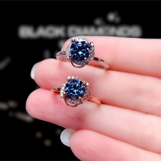 1ct Round Cut Dark Blue Moissanite Ring Engagement Ring-Black Diamonds New York