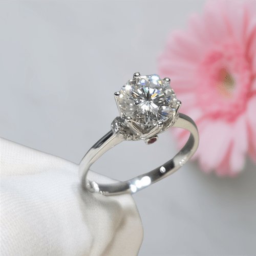 1ct Round Cut Moissanite with Pink Gemstone Crown Engagement Ring - Black Diamonds New York