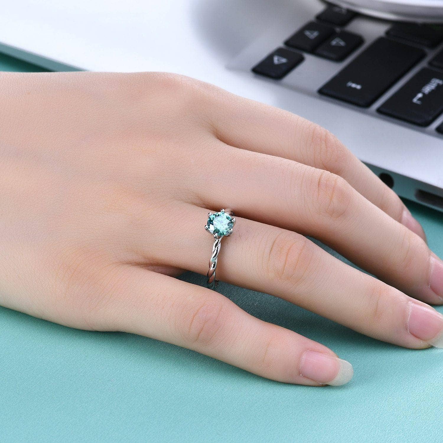 1Ct Round Green Moissanite Woven Engagement Ring - Black Diamonds New York