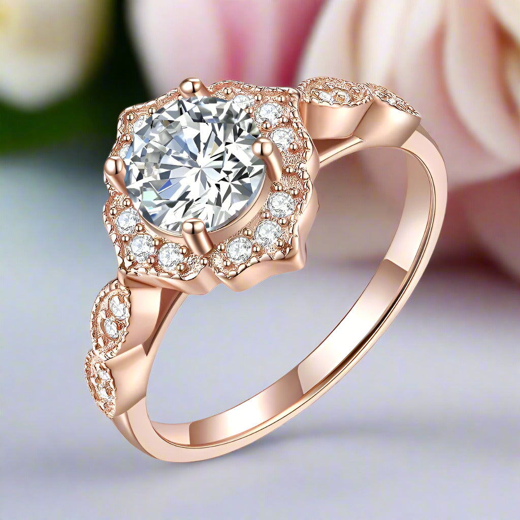 1ct Vintage Art Deco Flower Rose Gold Ring-Black Diamonds New York