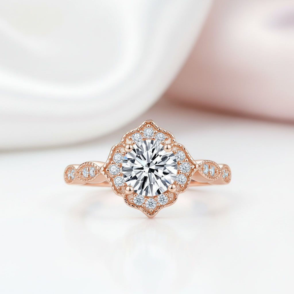 1ct Vintage Art Deco Flower Rose Gold Ring-Black Diamonds New York
