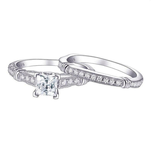 1ct White Princess Cut EVN Stone Ring Set - Black Diamonds New York-Black Diamonds New York