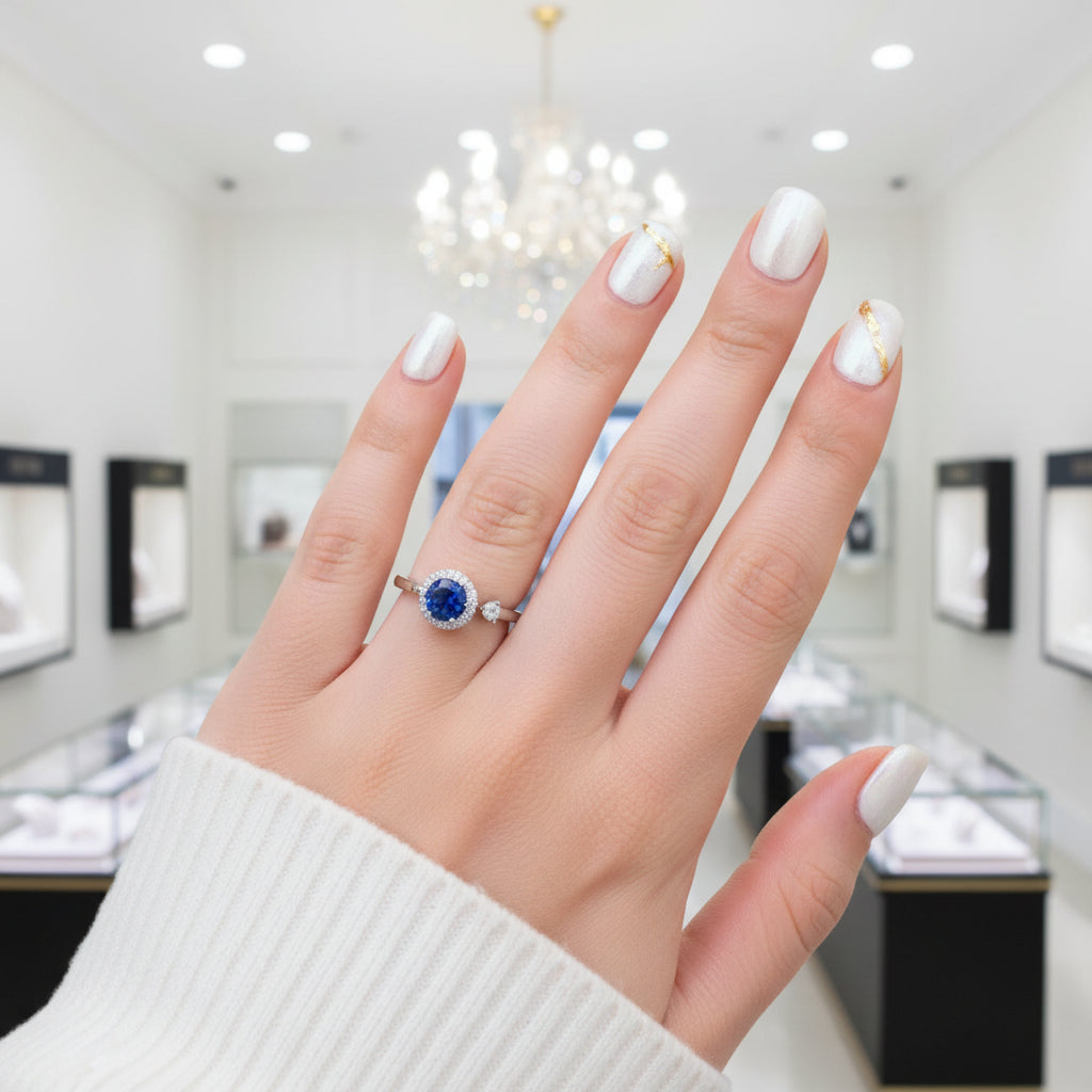 1ct Halo Round Cut Blue Diamond Option Engagement Ring-Black Diamonds New York