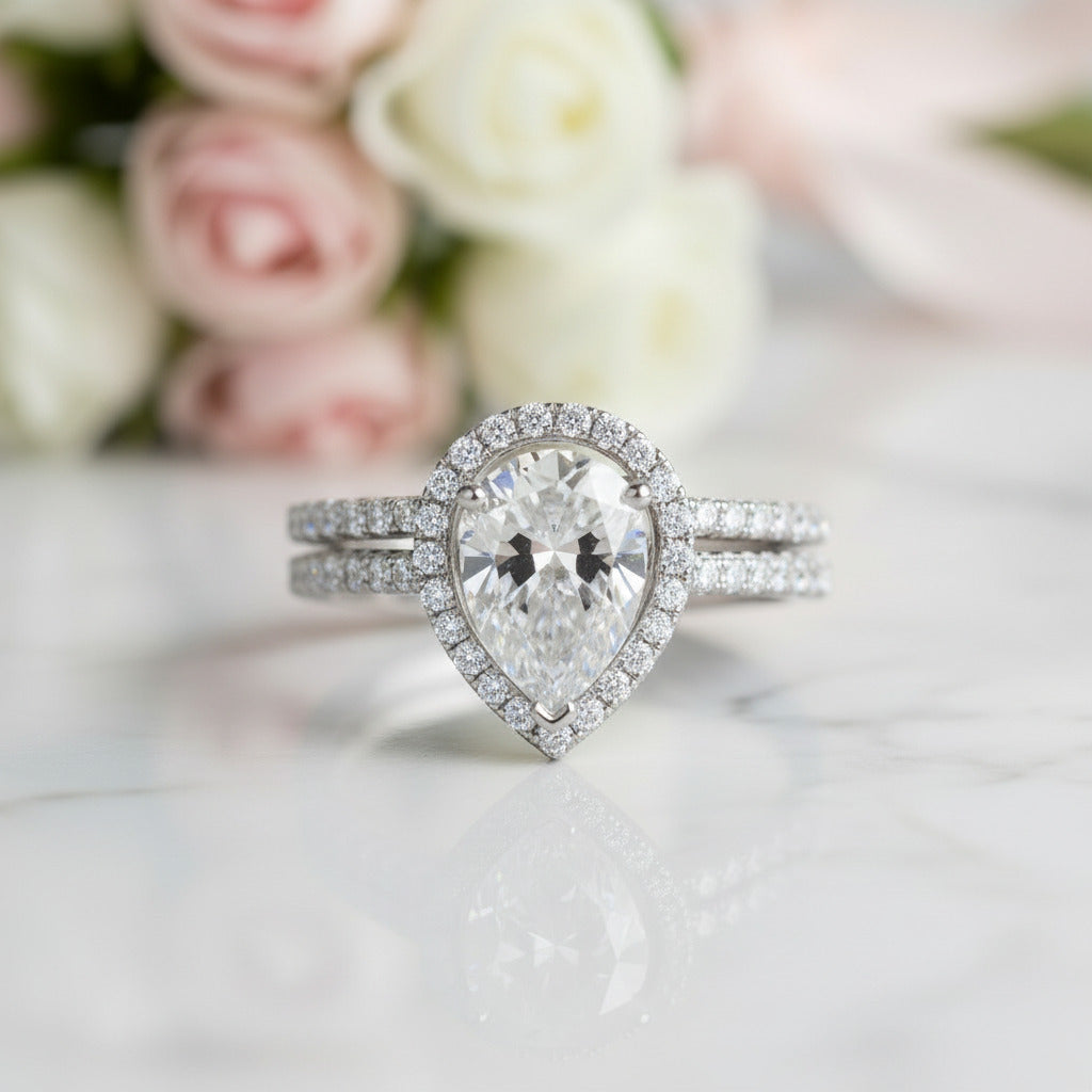 2.0 Ct Pear-cut Diamond Option Halo Engagement Ring Set-Black Diamonds New York