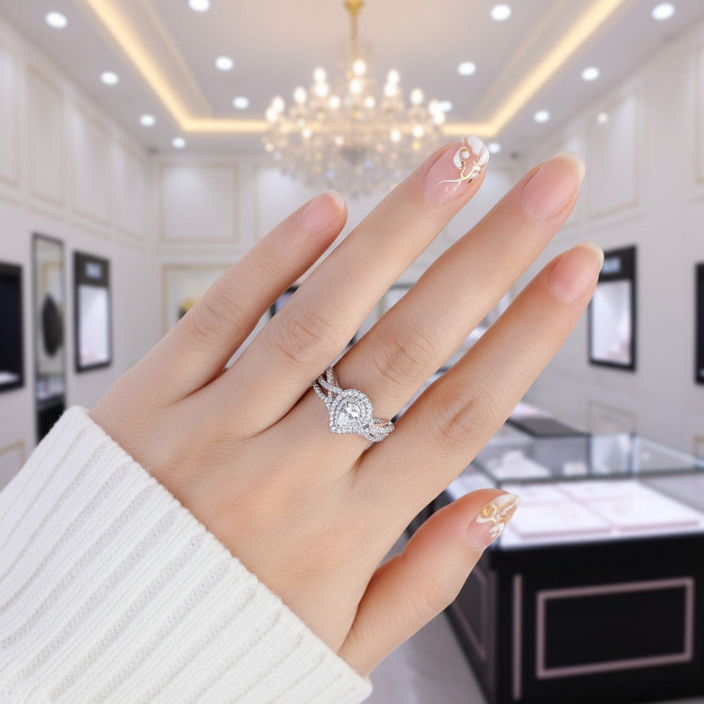 2 Pcs Halo Pear Cut Diamond Option Engagement Ring-Black Diamonds New York