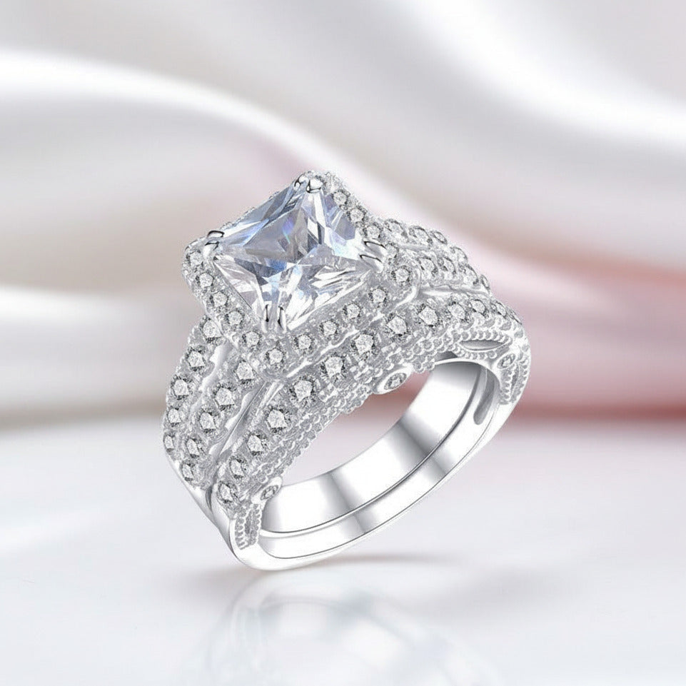 2 Pcs Princess Cut Diamond Option Halo Split Shank Engagement Ring Set-Black Diamonds New York