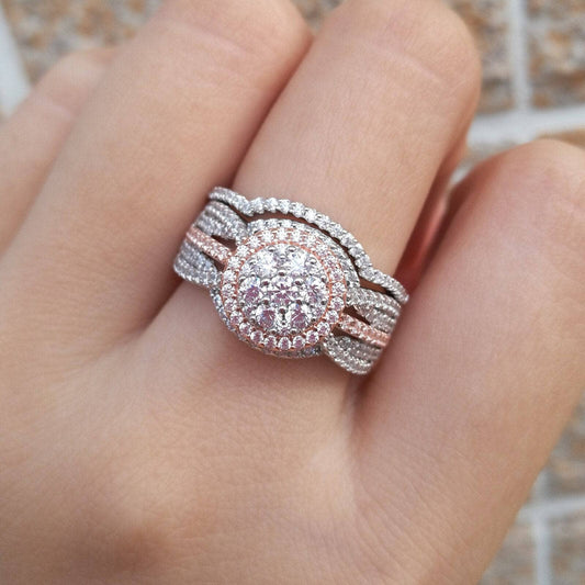 2 pcs Rose Gold Round Cut EVN Stone Halo Engagement Ring-Black Diamonds New York