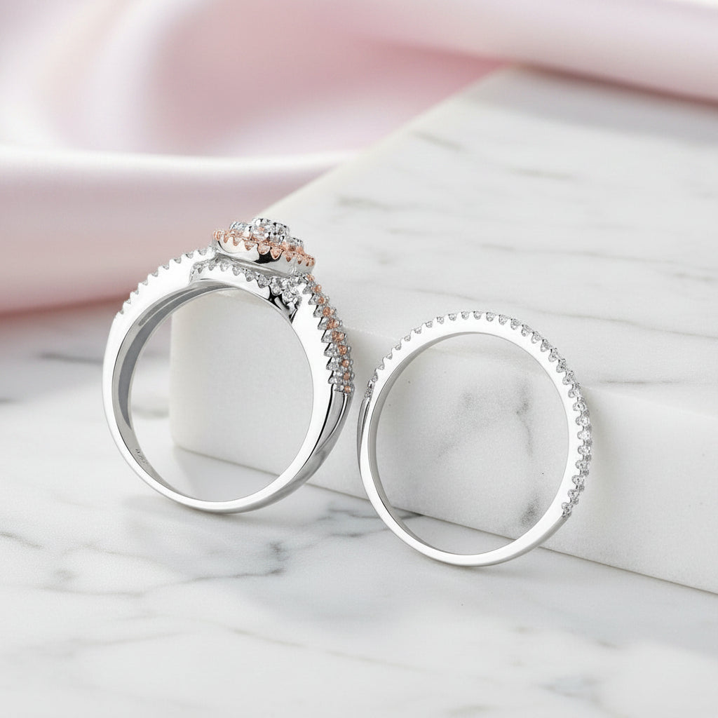 2 pcs Rose Gold Round Cut Diamond Option Halo Engagement Ring-Black Diamonds New York