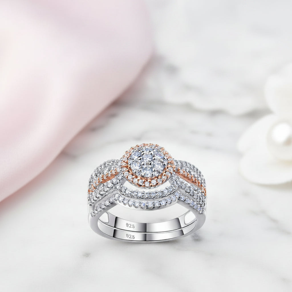 2 pcs Rose Gold Round Cut Diamond Option Halo Engagement Ring-Black Diamonds New York