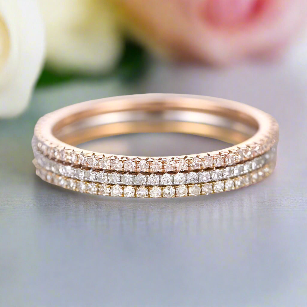 2 Tone Full Eternity 3PC Stackable Wedding Band Set-Black Diamonds New York