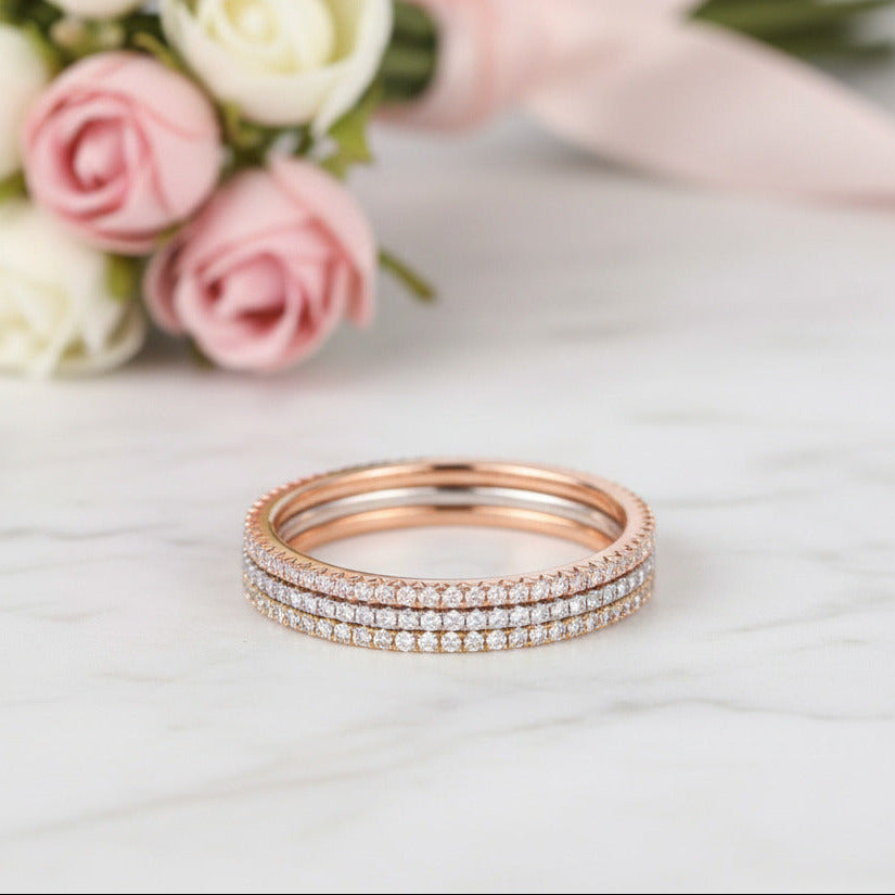 2 Tone Full Eternity 3PC Stackable Wedding Band Set-Black Diamonds New York
