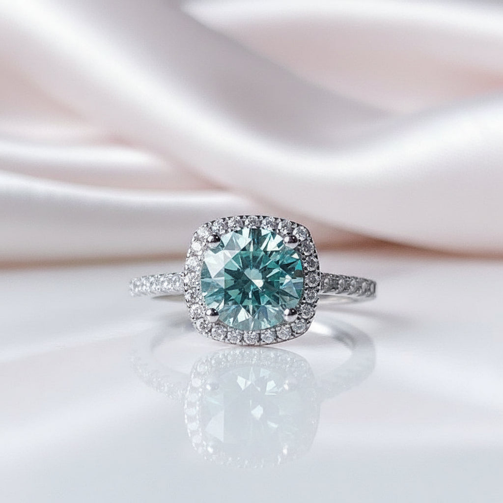 2.0 Ct Round Cut Blue-green Diamond Option Halo Engagement Ring-Black Diamonds New York