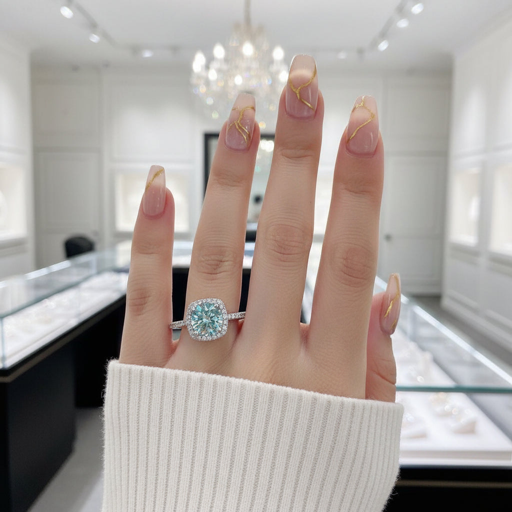2.0 Ct Round Cut Blue-green Diamond Option Halo Engagement Ring-Black Diamonds New York