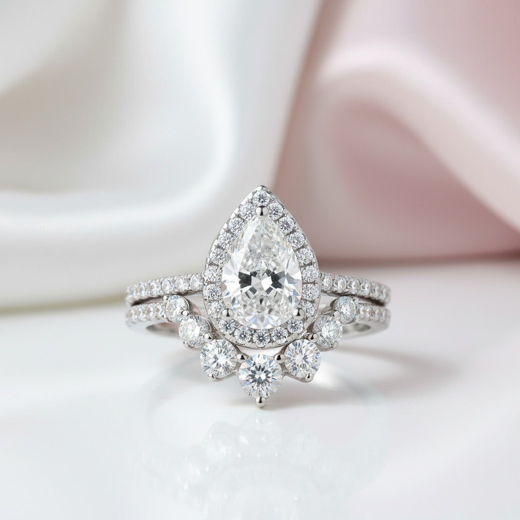 VIP 2.7Ct Halo Pear Cut Moissanite Engagement Ring Set-Black Diamonds New York