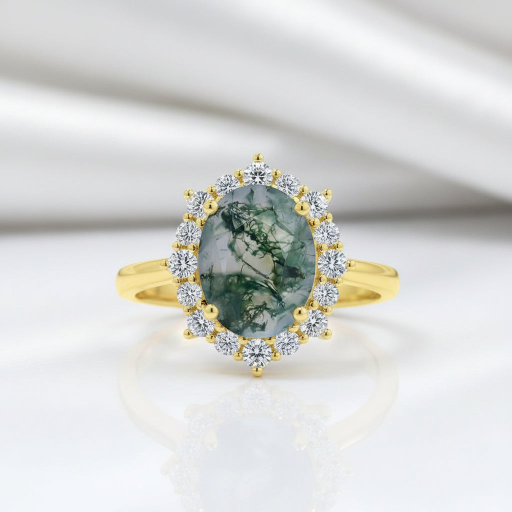2.85 ct Moss Agate Oval Cut Cluster Halo Engagement Ring – Black  display picture 1