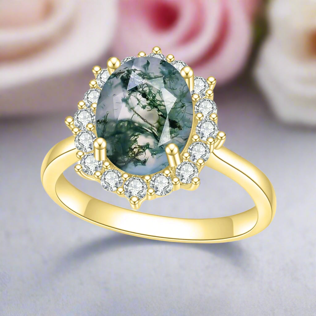 2.85 ct Moss Agate Oval Cut Cluster Halo Engagement Ring-Black Diamonds New York