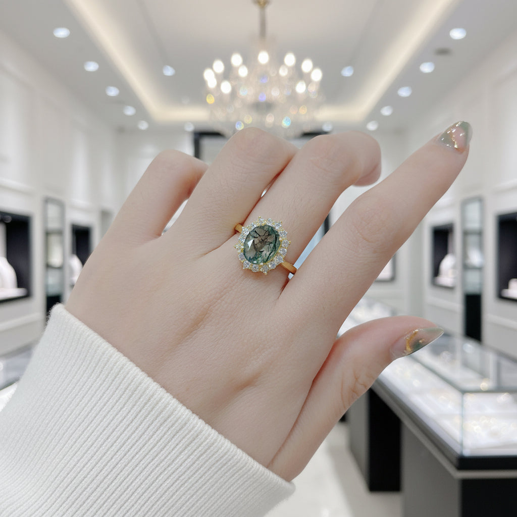 2.85 ct Moss Agate Oval Cut Cluster Halo Engagement Ring-Black Diamonds New York