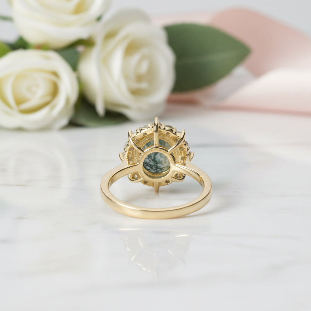 2.85 ct Moss Agate Oval Cut Cluster Halo Engagement Ring-Black Diamonds New York