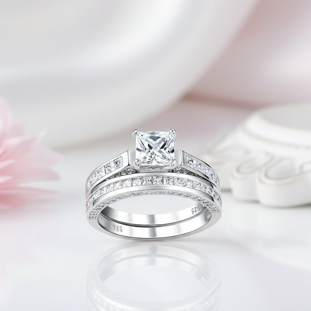 2.96 Ct Princess Cut White Diamond Ring Set-Black Diamonds New York