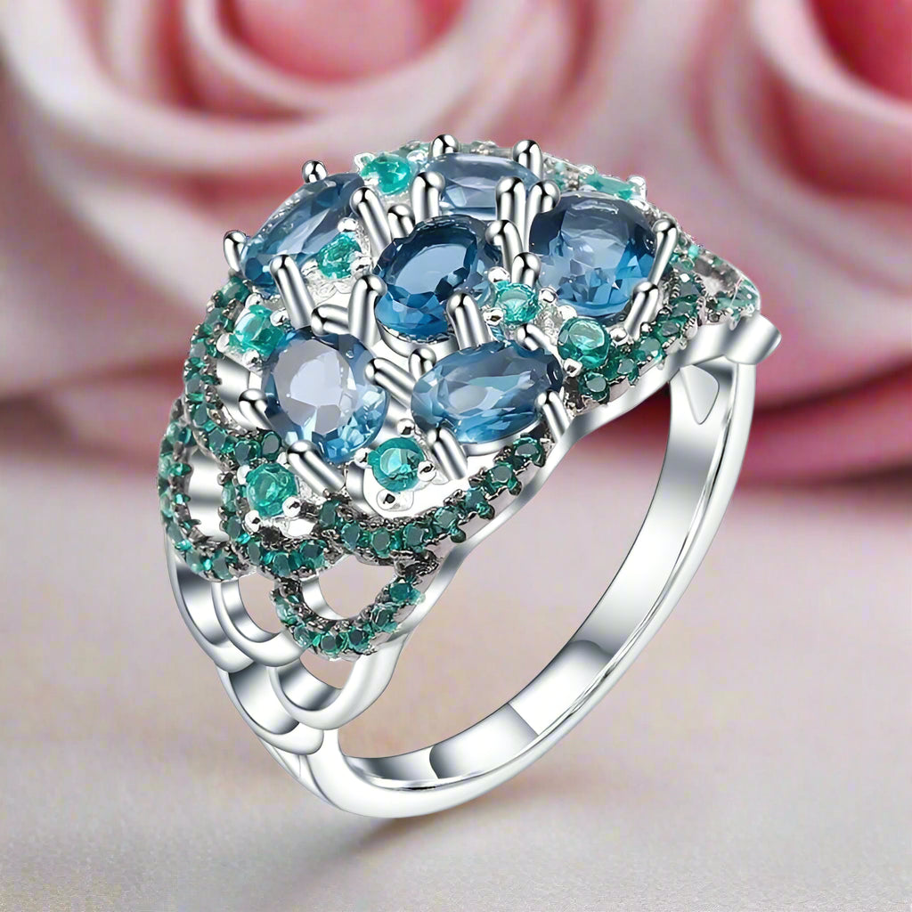 2.00Ct Natural London Blue Topaz Art Deco Style Ring-Black Diamonds New York