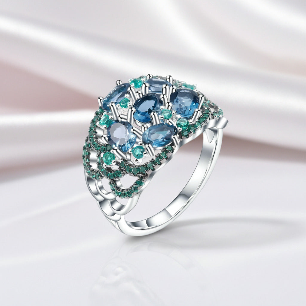 2.00Ct London Blue Topaz Art Deco Option Ring-Black Diamonds New York