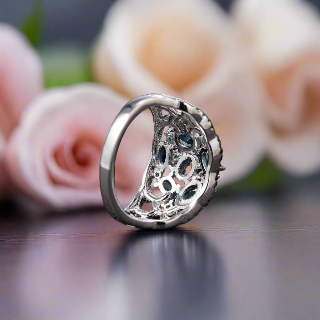 2.00Ct Natural London Blue Topaz Art Deco Style Ring-Black Diamonds New York