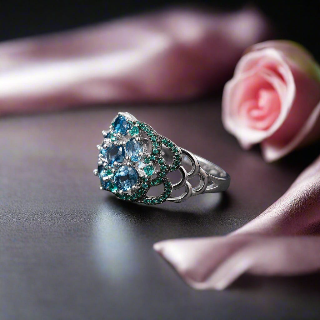 2.00Ct Natural London Blue Topaz Art Deco Style Ring-Black Diamonds New York