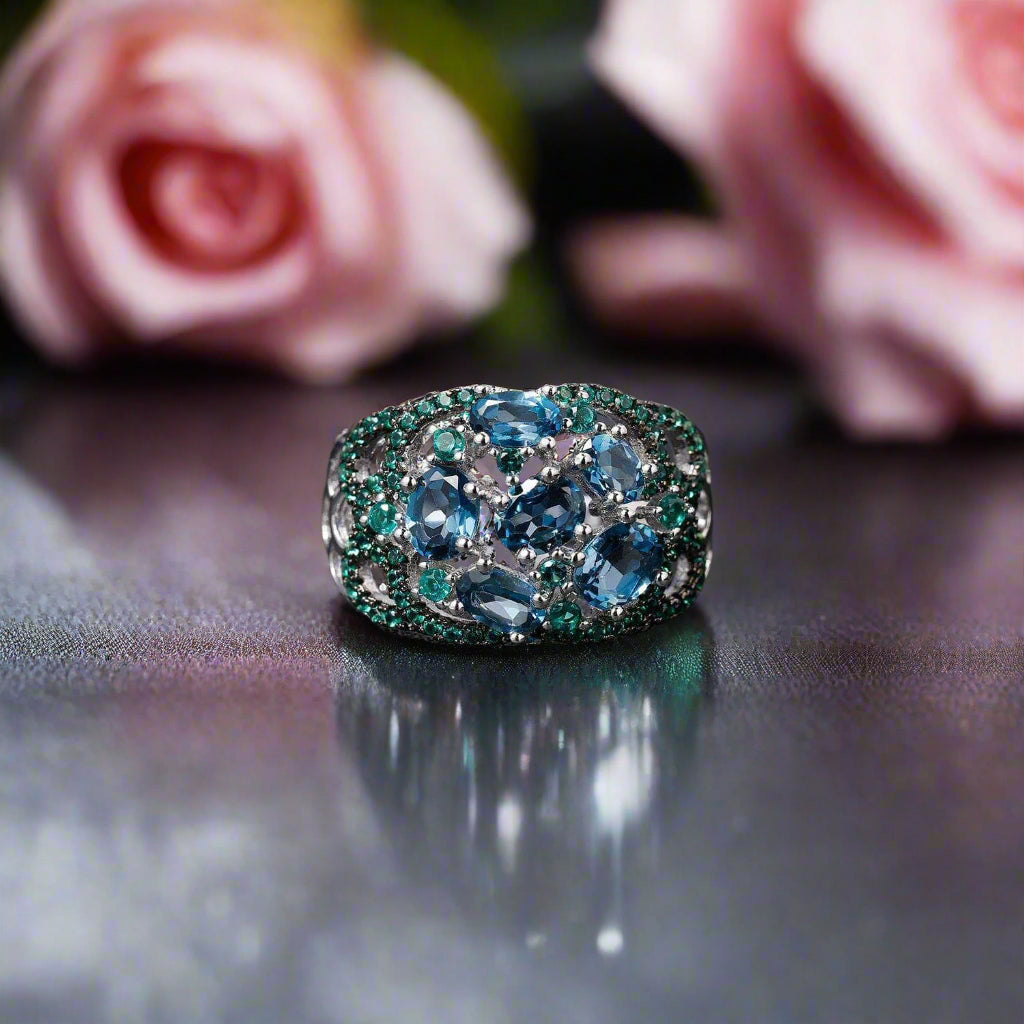 2.00Ct Natural London Blue Topaz Art Deco Style Ring-Black Diamonds New York