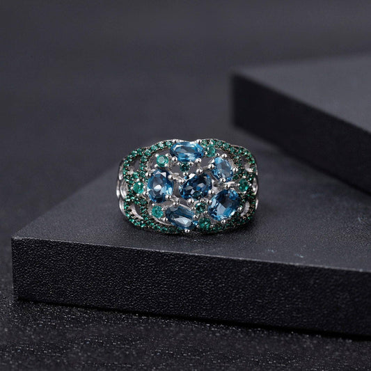 2.00Ct Natural London Blue Topaz Art Deco Style Ring-Black Diamonds New York