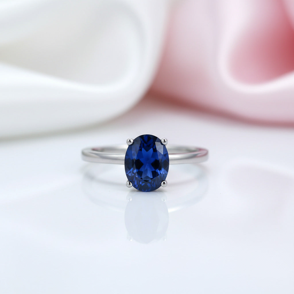 2.02Ct Oval Blue Sapphire Birthstone Engagement Ring-Black Diamonds New York