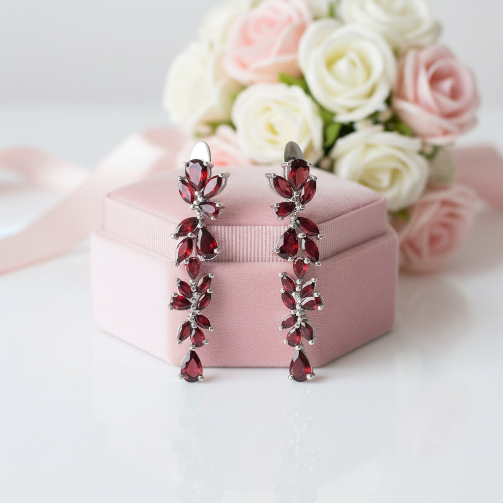 20.35 Ctw Natural Red Garnet Leaves Elegant Drop Earrings-Black Diamonds New York