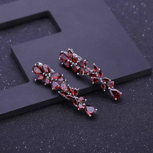 20.35Ct Natural Red Garnet Leaves Elegant Drop Earrings-Black Diamonds New York