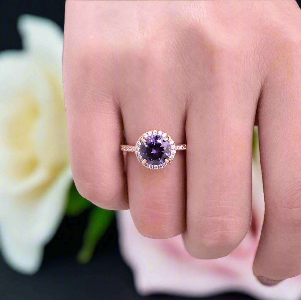 2.0ct Round Cut Amethyst Purple Halo Engagement Ring-Black Diamonds New York