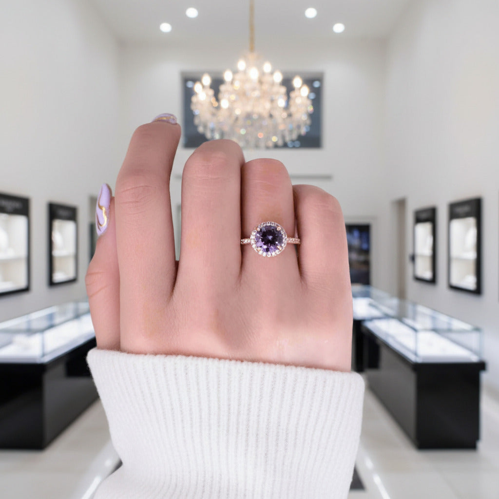 2.0ct Round Cut Amethyst Purple Halo Engagement Ring-Black Diamonds New York