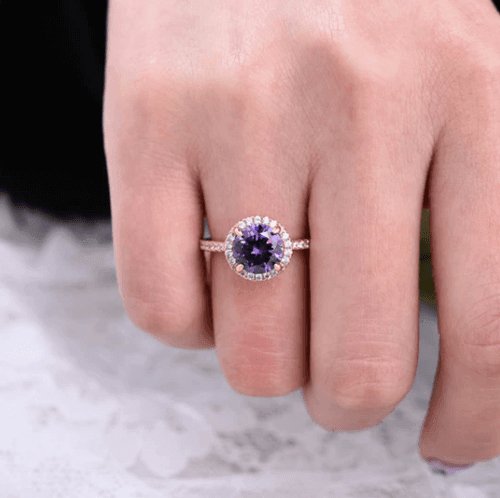 2.0ct Round Cut Amethyst Purple Halo Engagement Ring - Black Diamonds New York