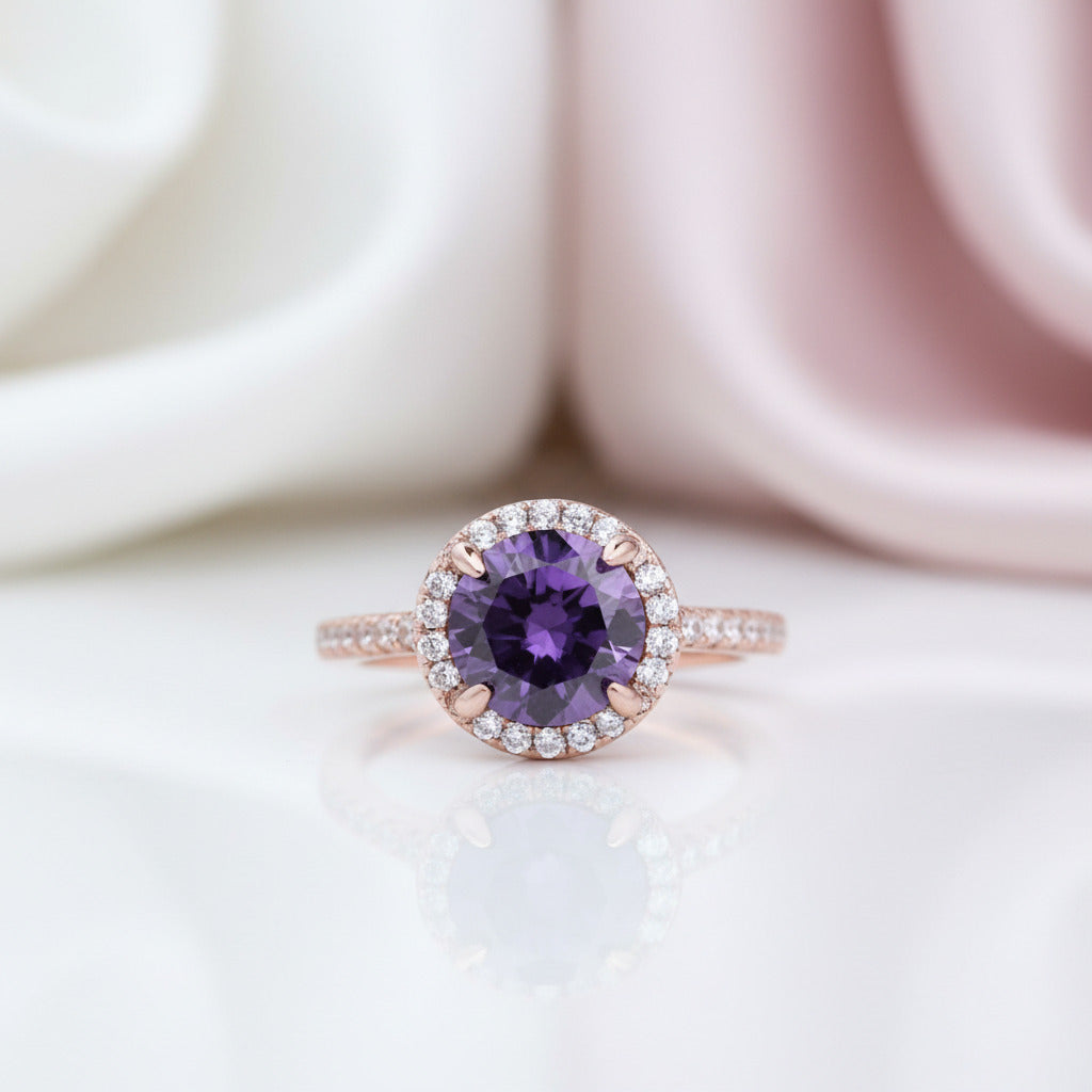 2.0ct Round Cut Amethyst Purple Halo Engagement Ring-Black Diamonds New York