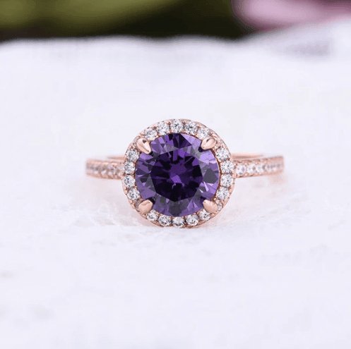 2.0ct Round Cut Amethyst Purple Halo Engagement Ring-Black Diamonds New York